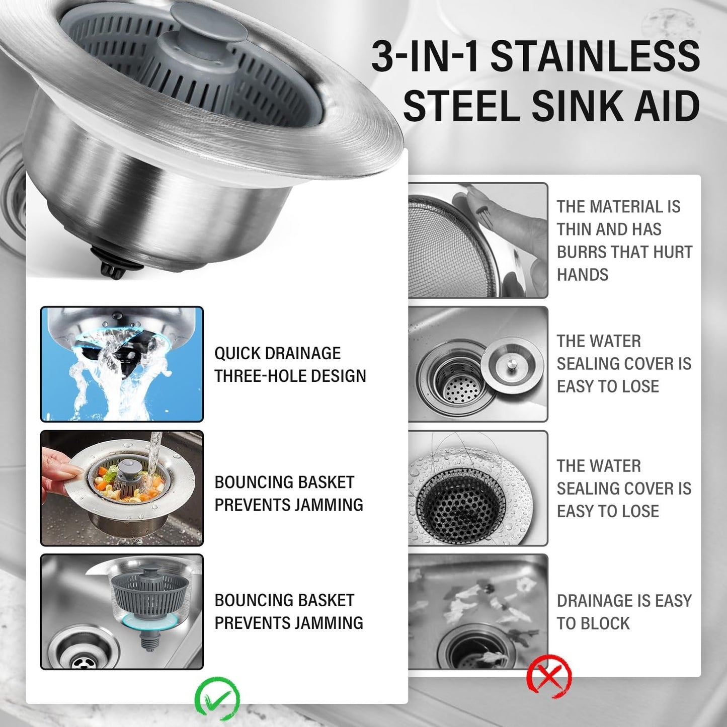 MCOIKY® 3-in-1 Sink Drain Filter and Stopper Combo